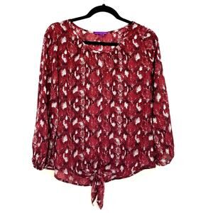 West Key Top Women Small Red Long Sleeve Knot Tie Scoop Neck Animal Print NWOT